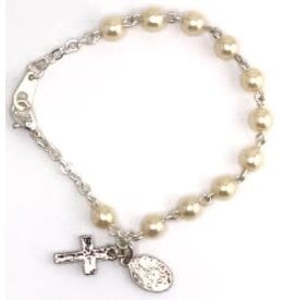 Religious Art Bracelet - Pearl Beads w/Miraculous Medal & Crucifix