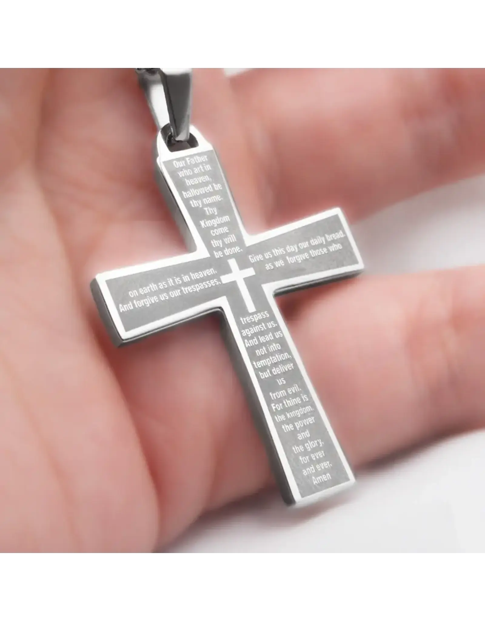Joyful Sentiments Lord's Prayer Cross Necklace, Stainless Steel