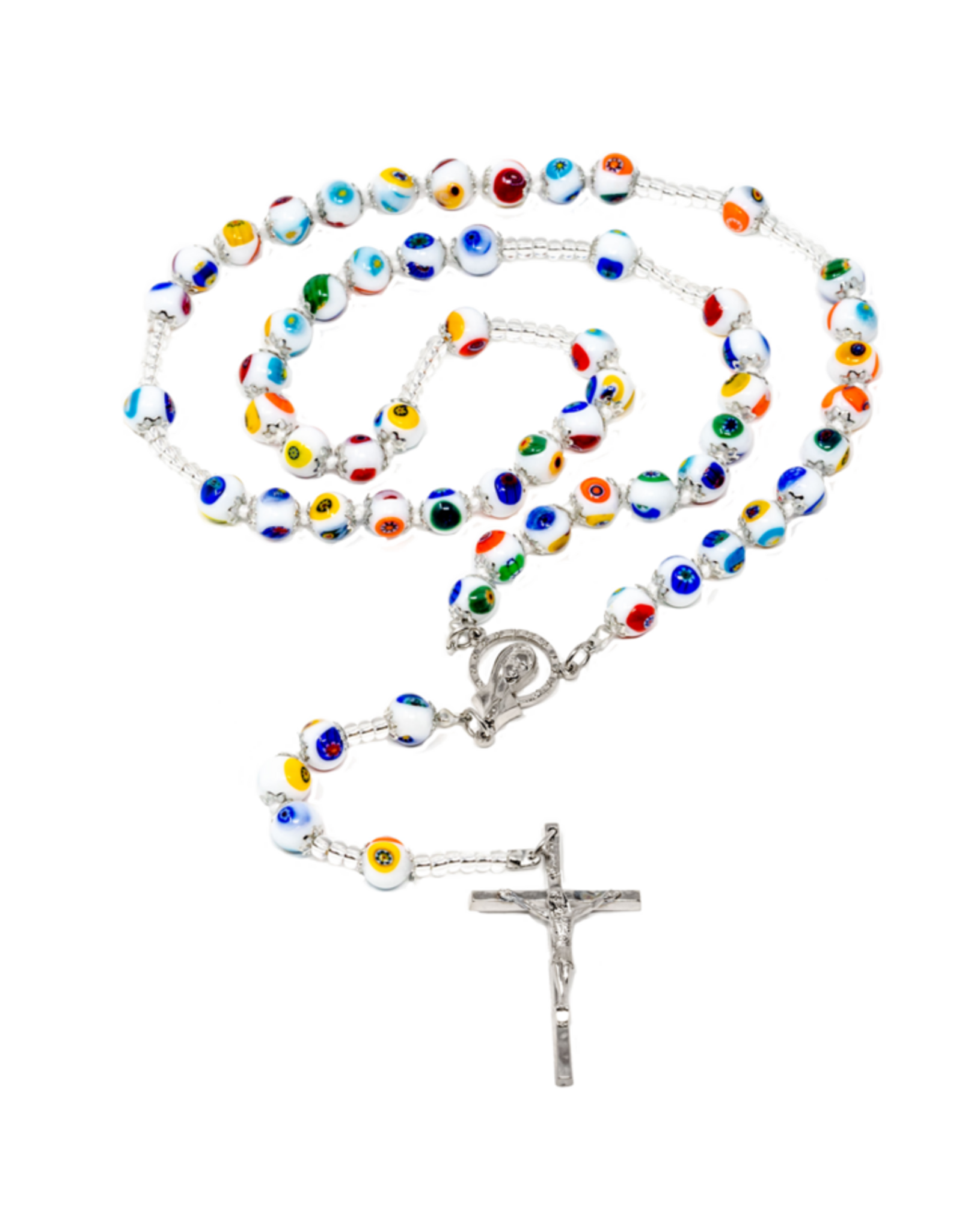 Tuscan Hills Rosary - White Genuine Murano Glass with Handknotted Mosaic Beads