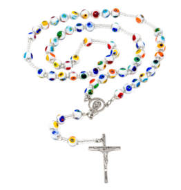 Tuscan Hills Rosary - White Genuine Murano Glass with Handknotted Mosaic Beads