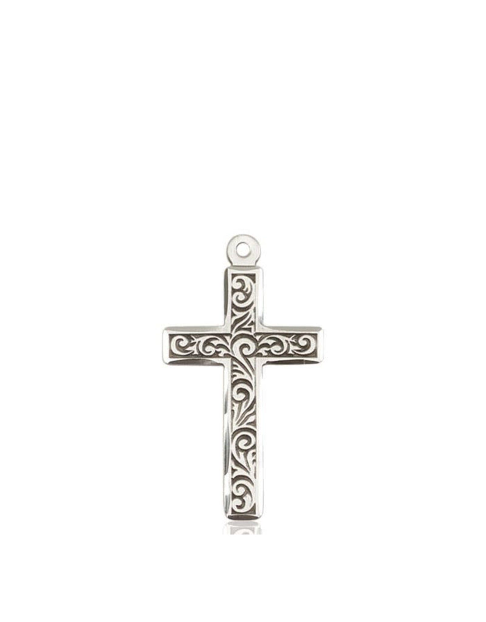 Bliss Cross Medal with Scroll Work, Sterling Silver (1 1/4" x 5/8")