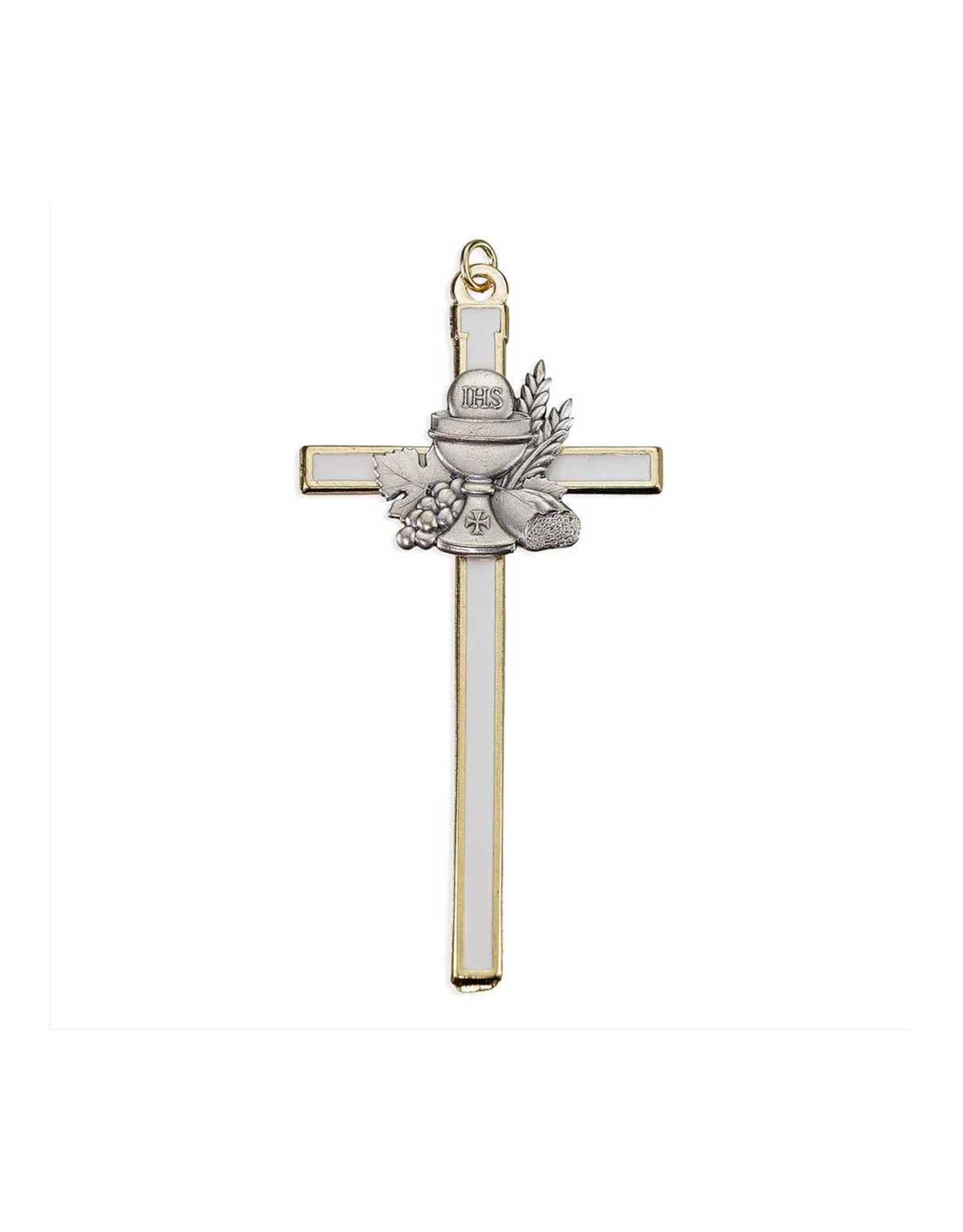 Hirten First Communion Cross - White with Pewter Finish Chalice with Gold Border (4.5")