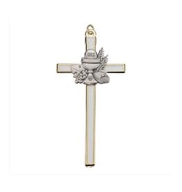 Hirten First Communion Cross - White with Pewter Finish Chalice with Gold Border (4.5")