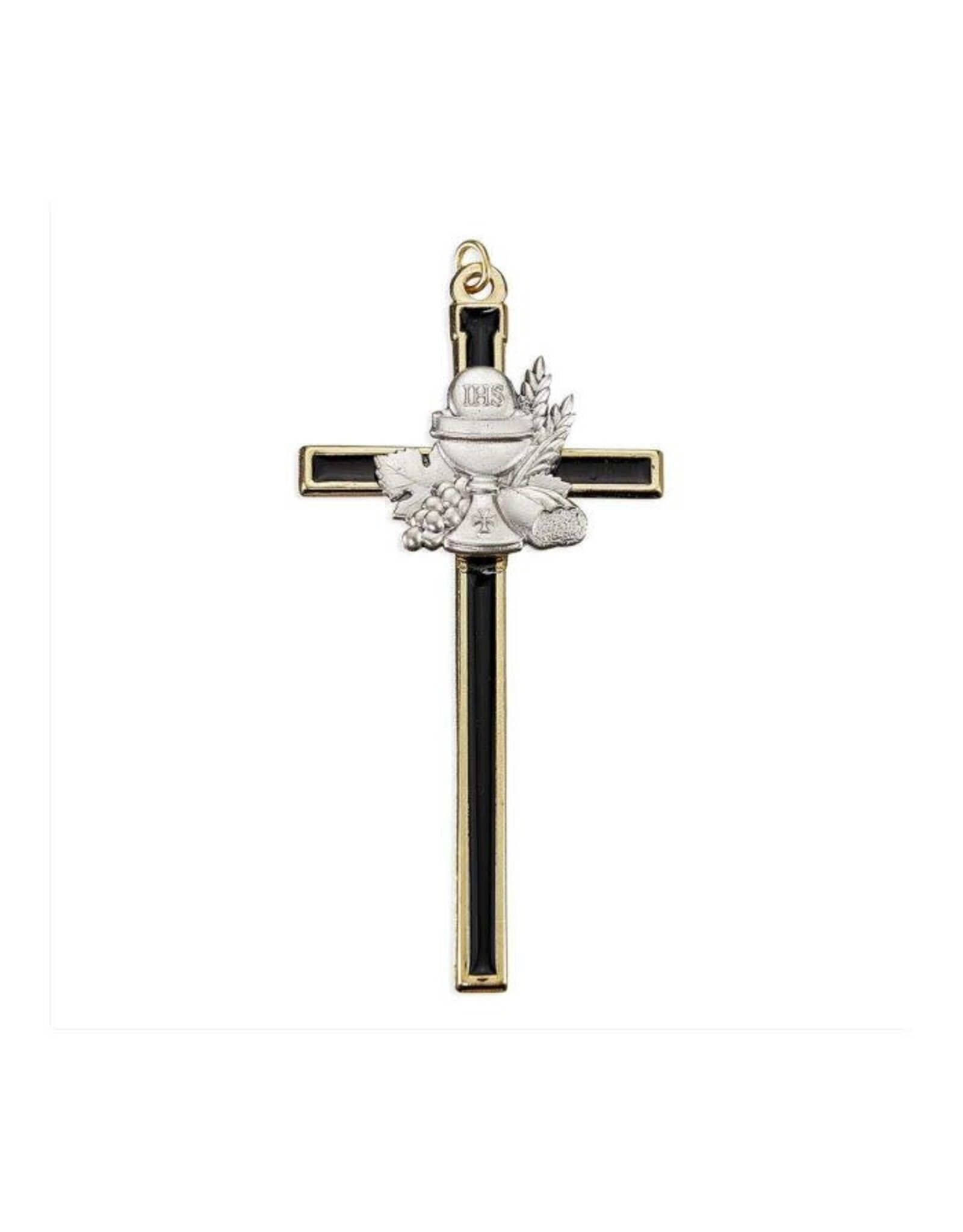 Hirten First Communion Cross - Black with Pewter Finish Chalice with Gold Border (4.5")