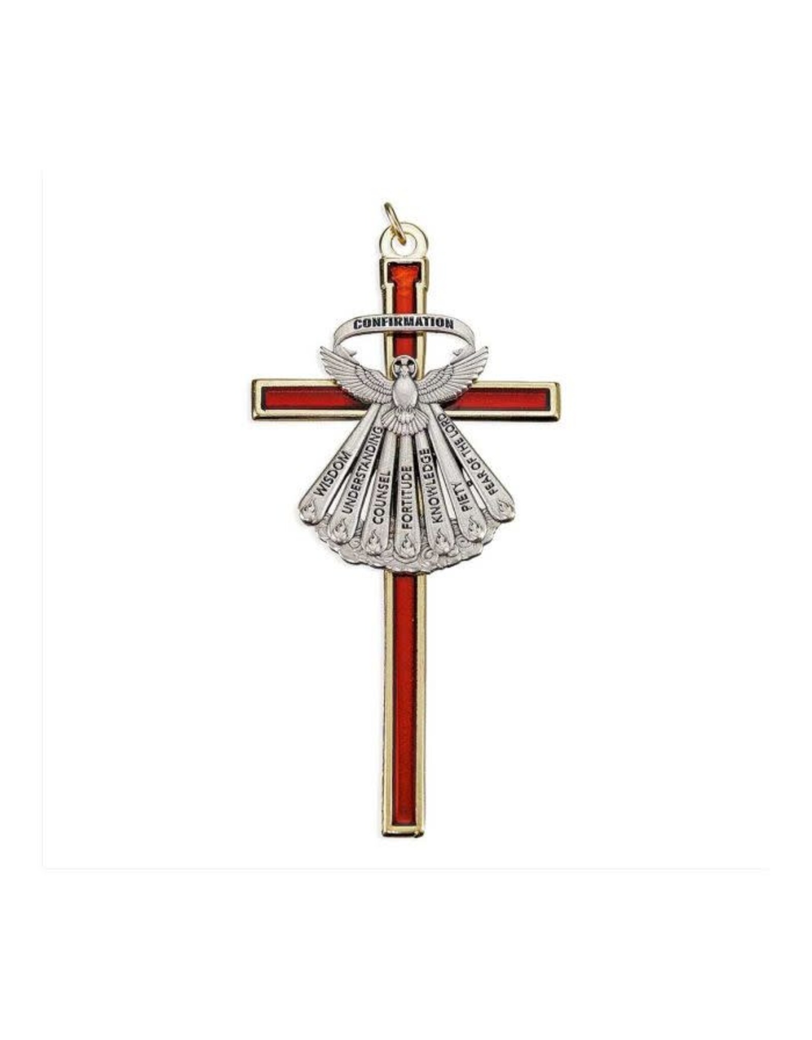 Hirten Confirmation Cross - Red with Pewter Finish Dove with Gold Border (4.5")