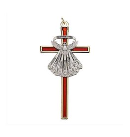 Hirten Confirmation Cross - Red with Pewter Finish Dove with Gold Border (4.5")
