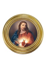 Hirten Sacred Heart of Jesus Picture - Round Gold Leaf Frame & Blue Velvet Backing (4")