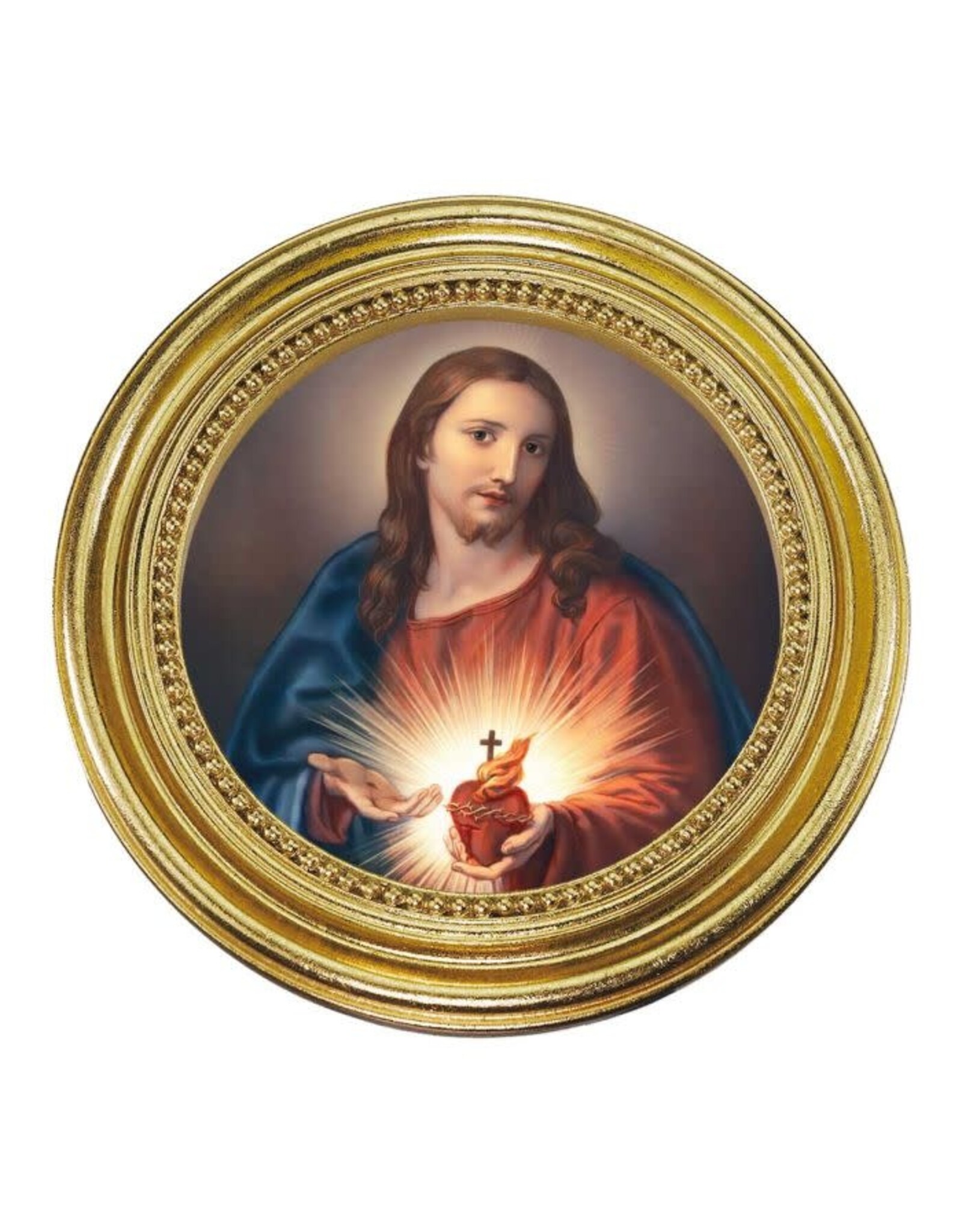 Hirten Sacred Heart of Jesus Picture - Round Gold Leaf Frame & Blue Velvet Backing (4")