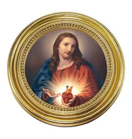Hirten Sacred Heart of Jesus Picture - Round Gold Leaf Frame & Blue Velvet Backing (4")