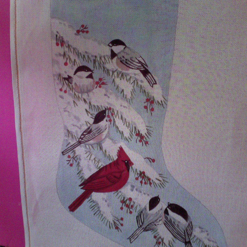 Canvas CHICKADEES AND CARDINAL STOCKING  C68