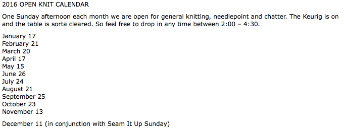 Class OPEN KNIT  AND NEEDLEPOINT 2016   2:00 - 4:30 ONE SUNDAY/ MONTH