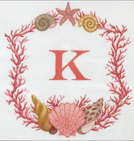 Canvas MONOGRAM CREST  CORAL AND SHELLS  ALCR18   (MONGRAM READY - K AS DEMO ONLY)