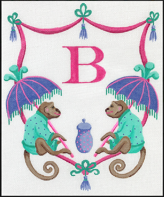 Canvas MONOGRAM CREST  MONKEYS WITH PARASOLS  ALCR06   (MONGRAM READY - B AS DEMO ONLY)