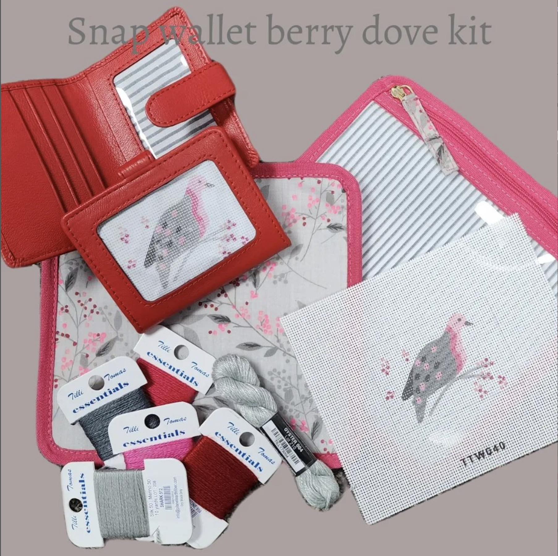 Canvas DOVE IN PINKS AND GRAYS  KIT - SNAP WALLET, CANVAS, FIBERS, PROJECT BAG