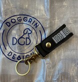 Canvas KEY FOB  - LEATHER SELF FINISHING - SWIVEL SNAP - GREEK KEY  ON BLACK LEATHER