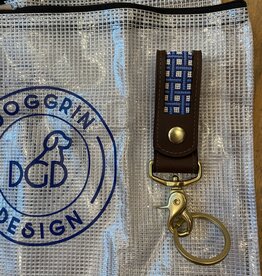 Canvas KEY FOB  - LEATHER SELF FINISHING - SWIVEL SNAP - BLUE LATTICE  ON BROWN LEATHER