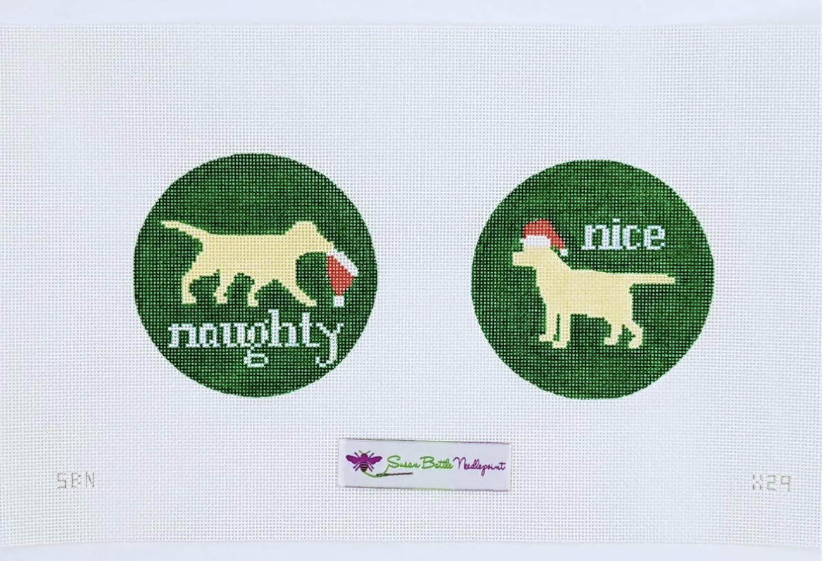 Canvas NAUGHTY/NICE YELLOW DOG  X29   4.5" ROUNDS