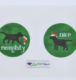 Canvas NAUGHTY/NICE BLACK DOG  X28   4.5" ROUNDS