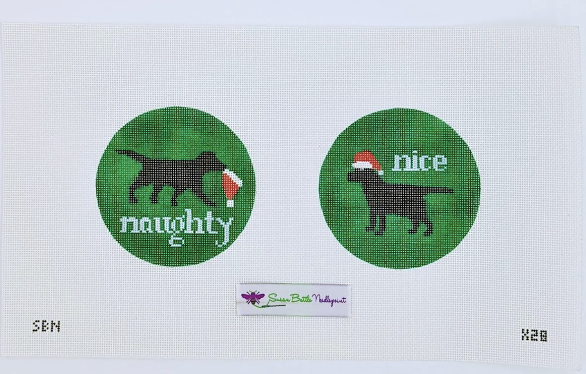 Canvas NAUGHTY/NICE BLACK DOG  X28   4.5" ROUNDS