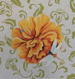 Canvas ORANGE FLOWER AND DRAGONFLY  FF219  10X10"