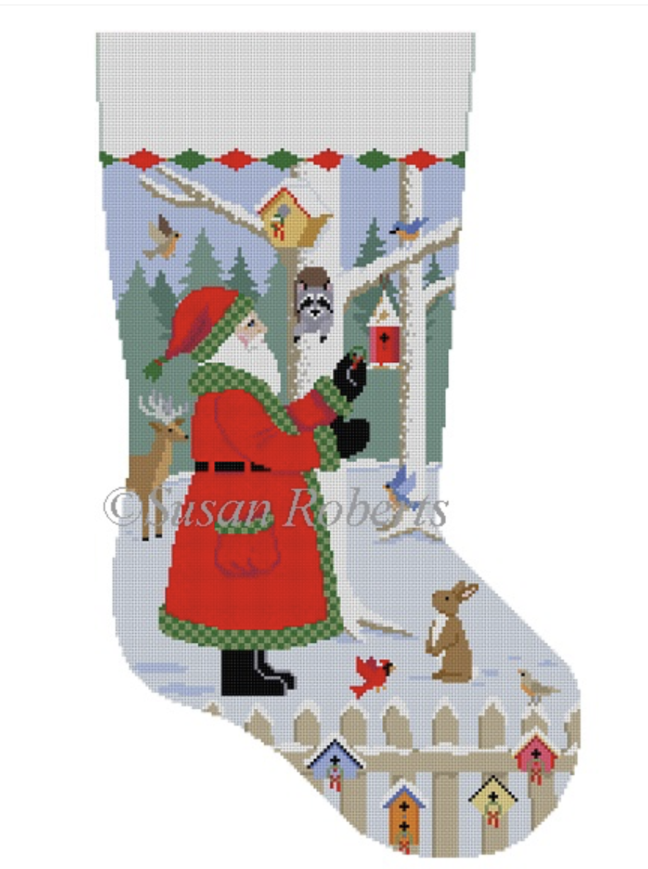 Canvas SANTA WITH BIRD WREATHS  STOCKING   3247