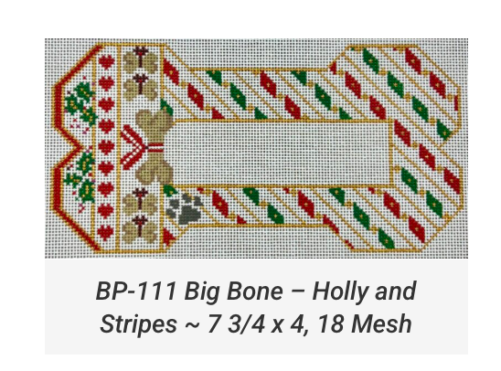 Canvas CHRISTMAS HOLLY STRIPES   BONE  ORNAMENT BP111  7.75X4"