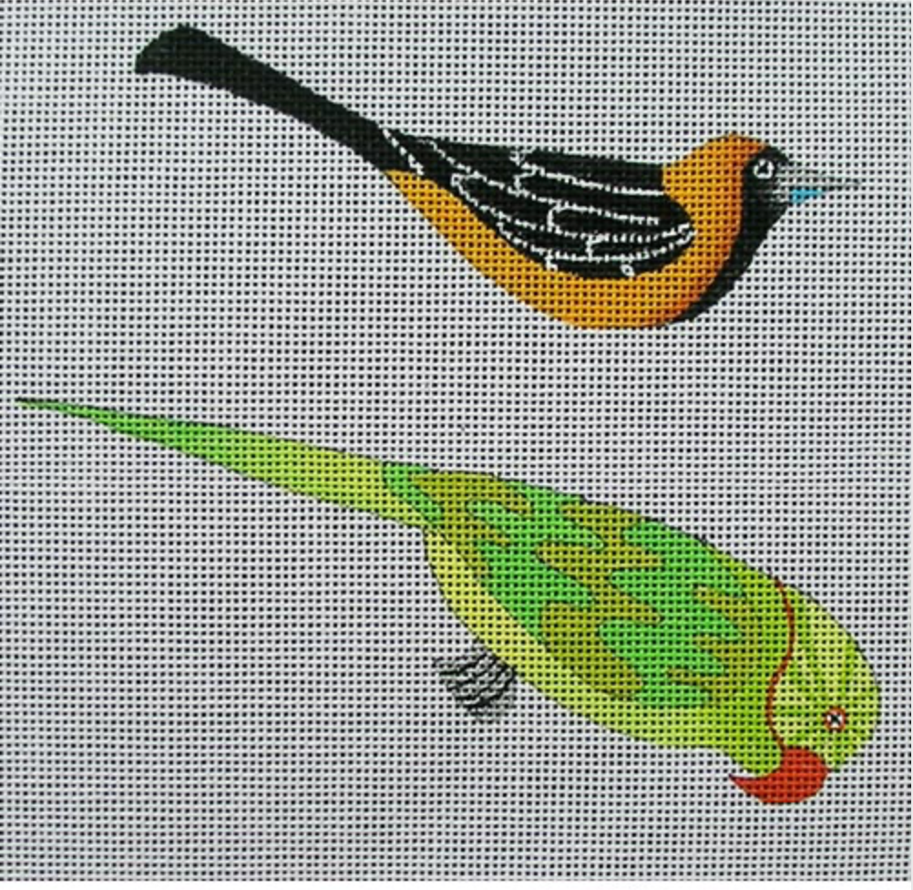 Canvas ORIOLE AND PARAKEET  ZE51  WITH RUTH SCHMUFF STITCH GUIDE