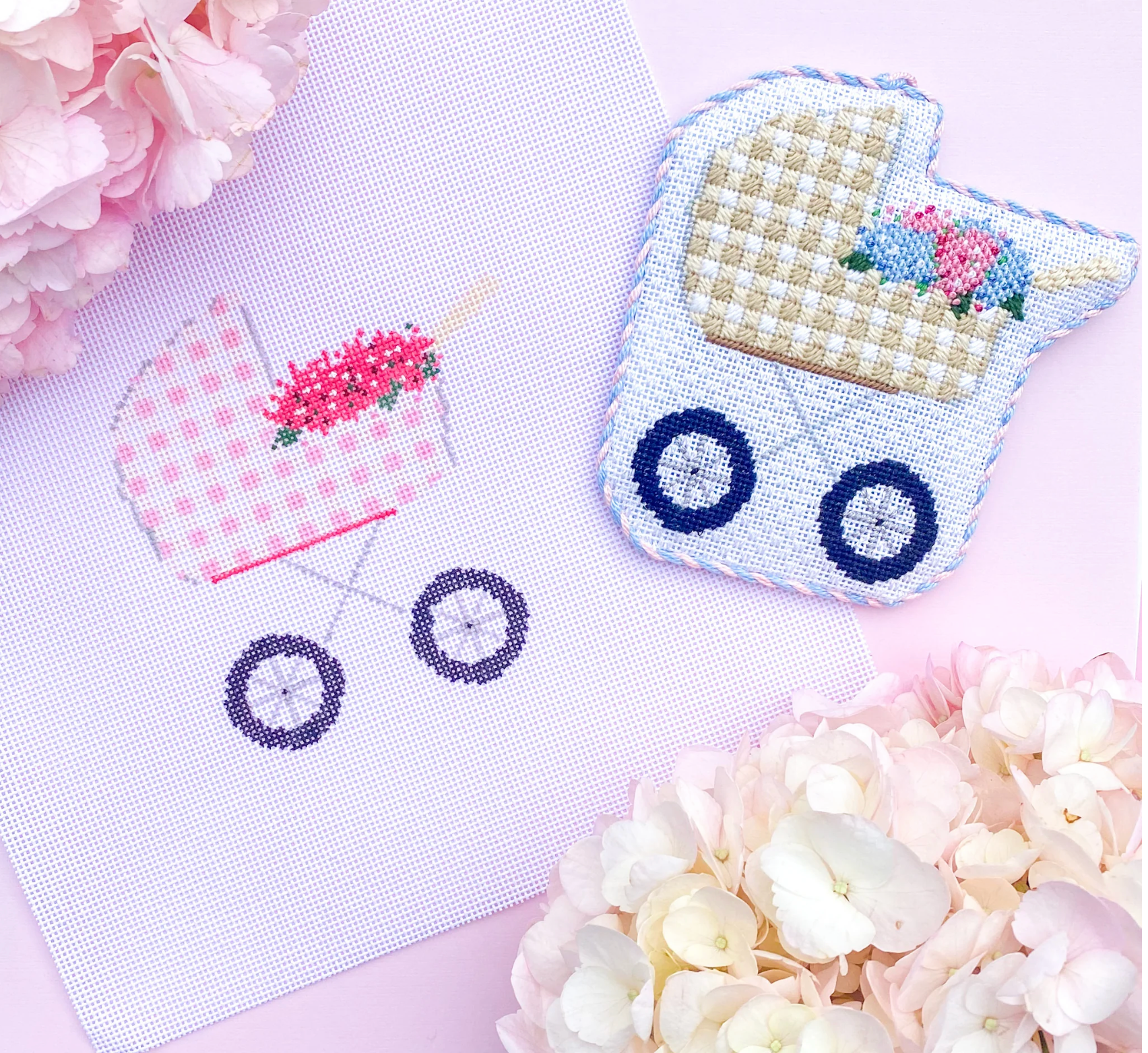 Canvas PINK HYDRANGEA BABY CARRIAGE   SS0101    WITH STITCH GUIDE   3.5X4.5"