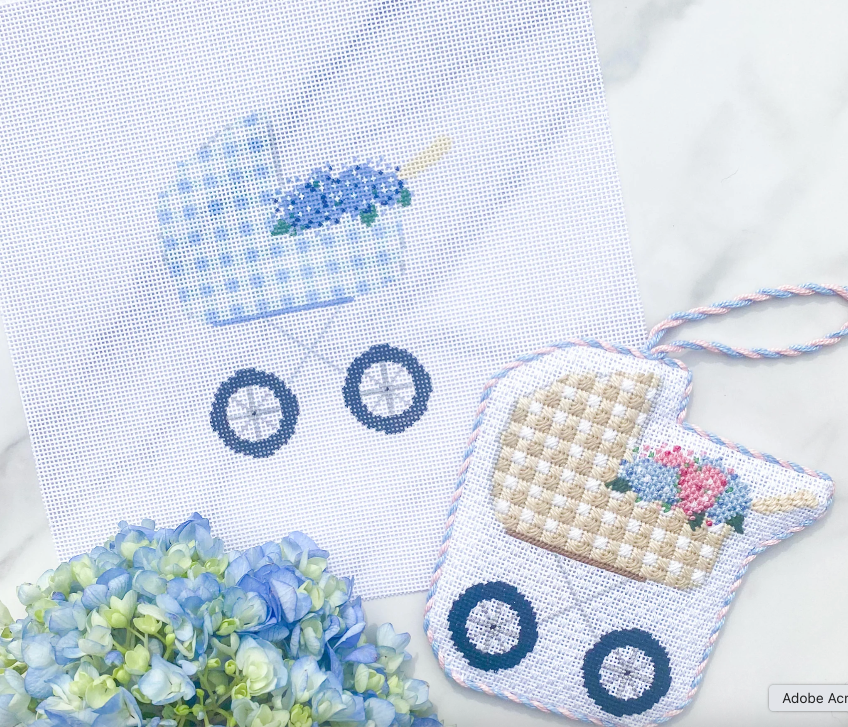 Canvas BLUE HYDRANGEA BABY CARRIAGE   SS0100    WITH STITCH GUIDE   3.5X4.5"