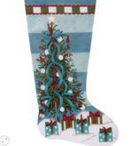 Canvas TEAL CHRISTMAS TREE WITH CARDINALS STOCKING  4980