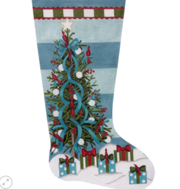 Canvas TEAL CHRISTMAS TREE WITH CARDINALS STOCKING  4980
