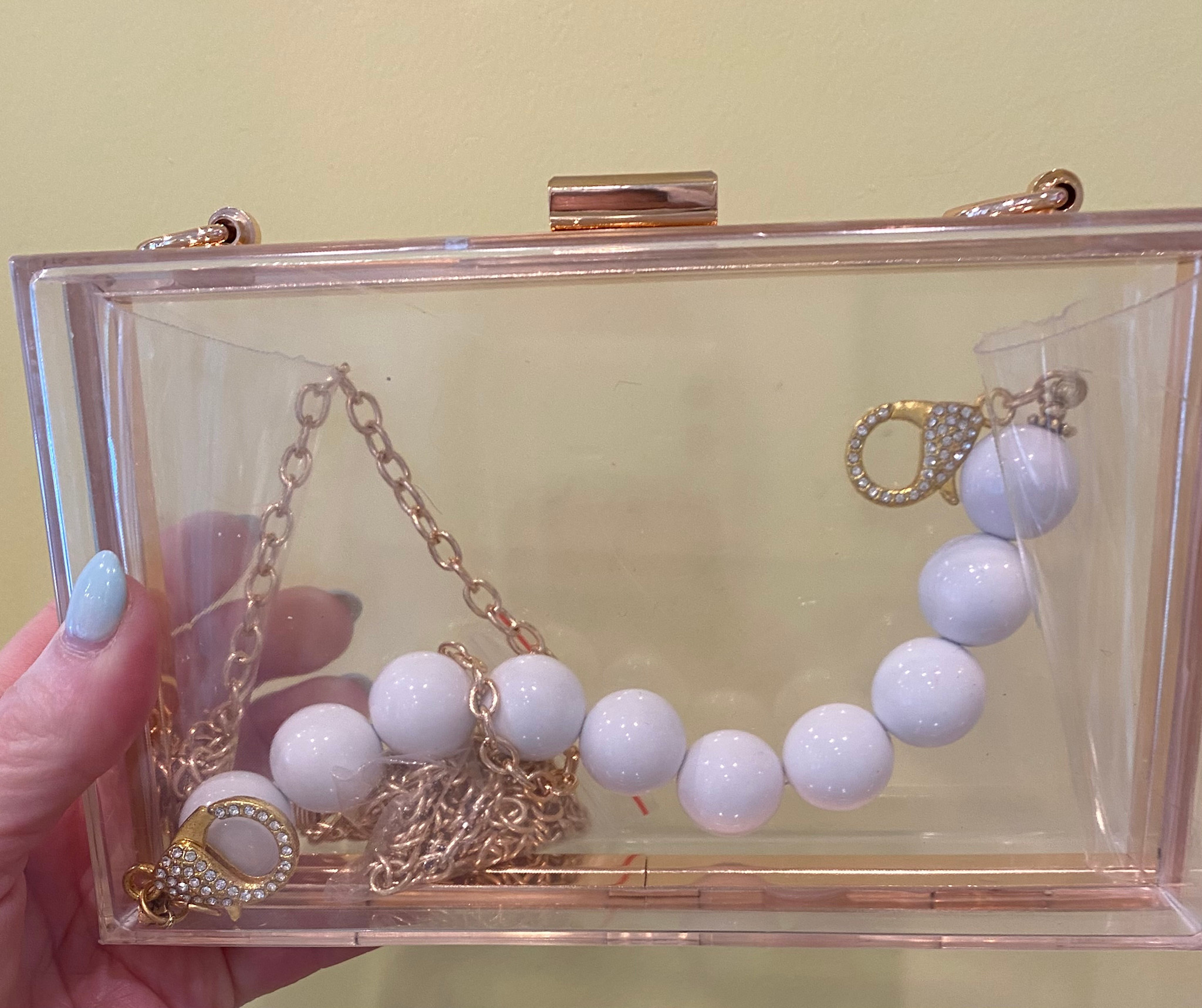Accessories ACRYLIC CLUTCH WITH WHITE BEAD HANDLE AND SPARKLE TABS