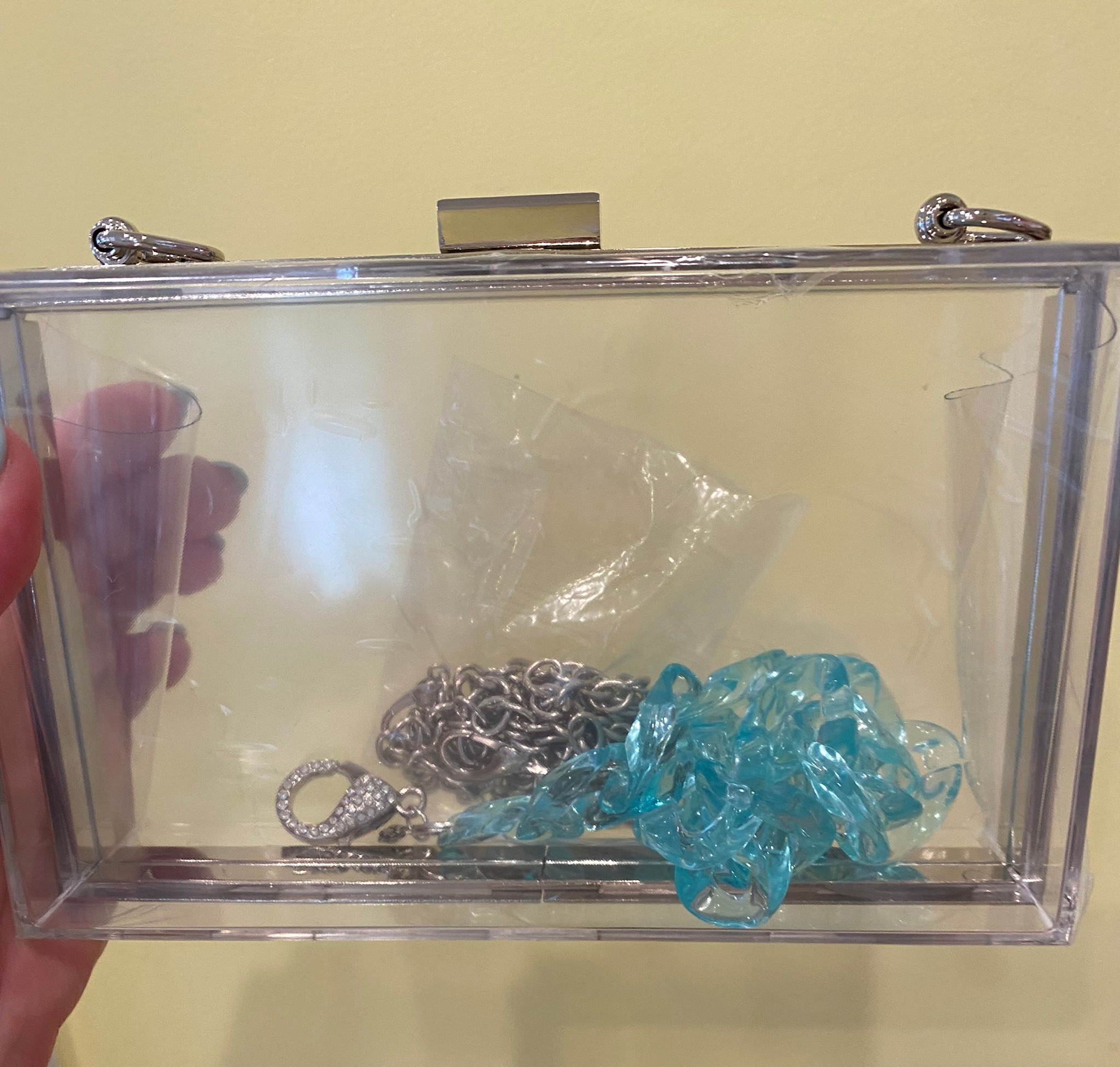 Accessories ACRYLIC CLUTCH WITH AQUA BEAD HANDLE AND SPARKLE TABS