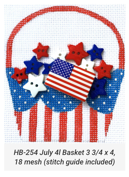 Canvas JULY 4 BASKET WITH STITCH GUIDE AND CHARMS  HB254    3.75X4"