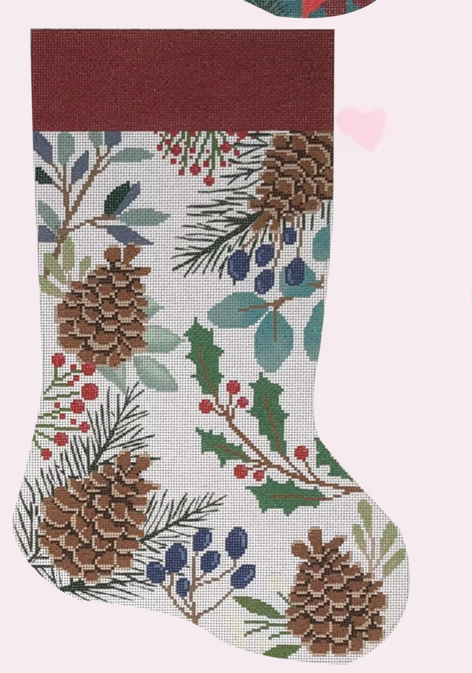 Canvas PINECONES ON WHITE STOCKING  WITH STITCH GUIDE   LLST02A