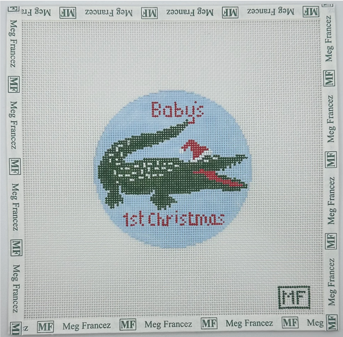 Canvas ALLIGATOR BABY FIRDT CHRISTMAS - BLUE   4"ROUND