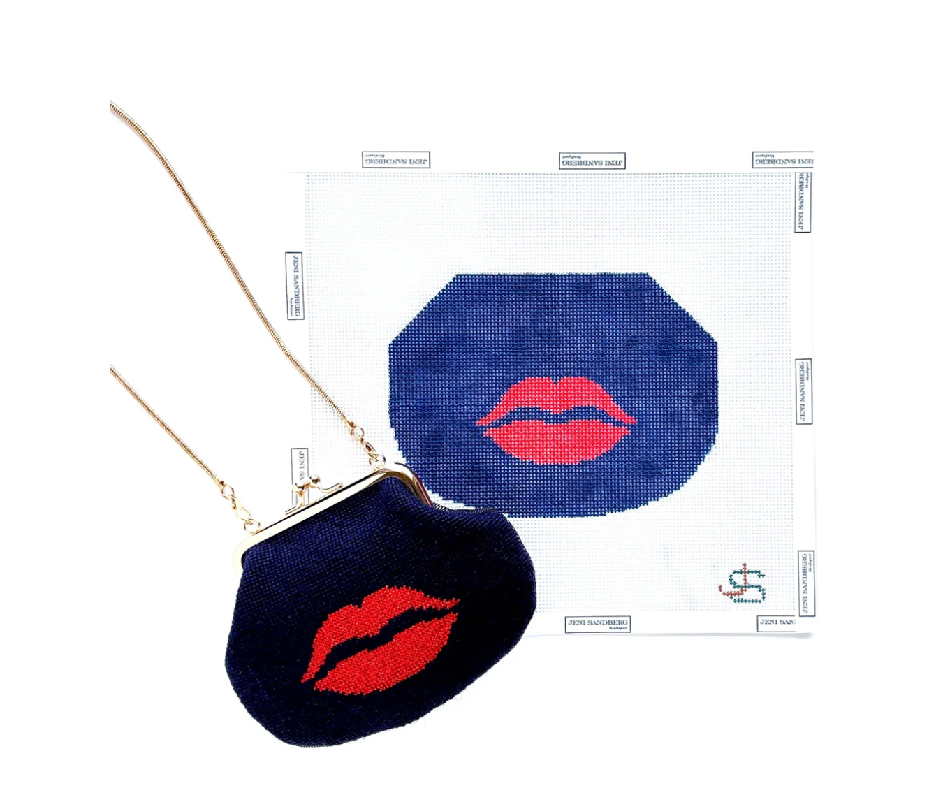 Canvas KISS LOCK BAG -RED LIPS ON NAVY   JS344B   5.2X7"