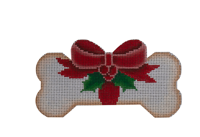 Canvas RIBBONS AND HOLLY DOG BONE    DG42   2.75X5"