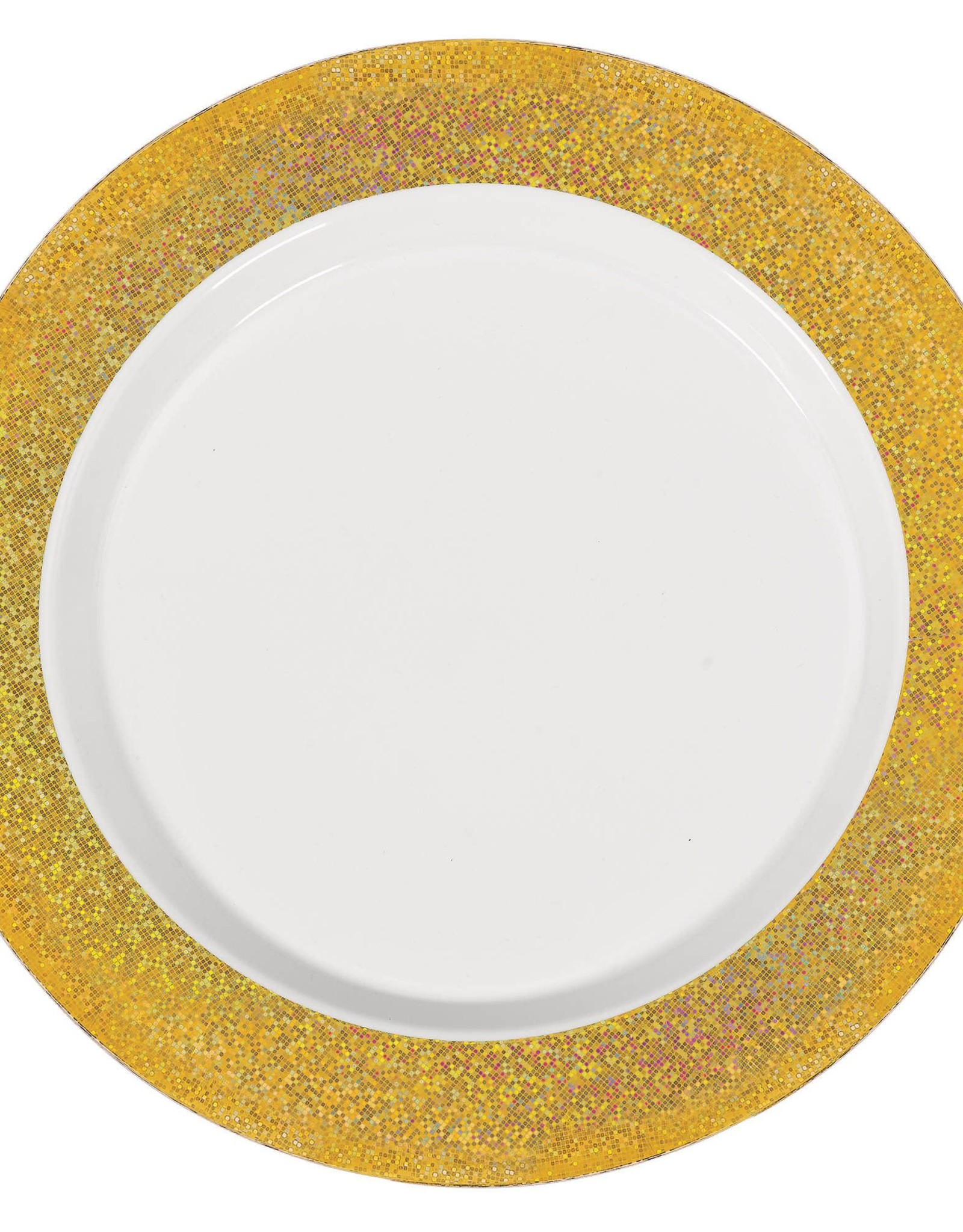 Premium Plastic White Plates w/Prismatic Gold Border 10''