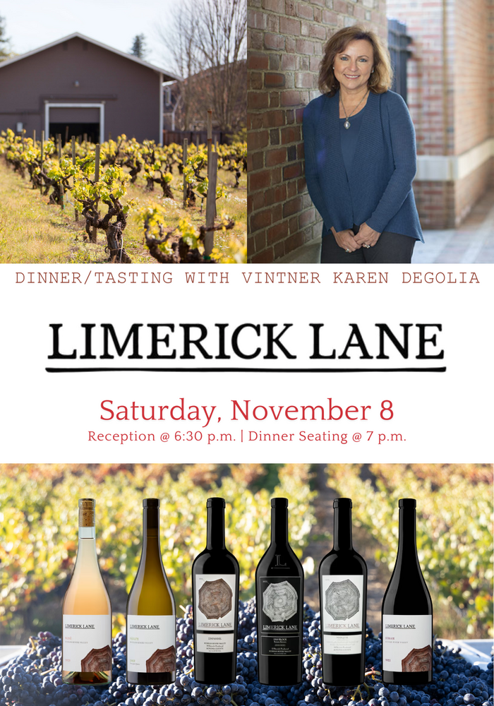 Limerick Lane Wine Dinner w/Karen DeGolia TICKET - Saturday, Nov. 8th 2025 @ 6:30 PM