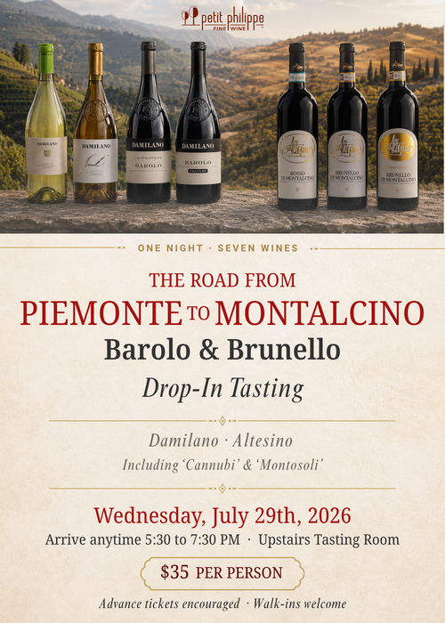 "Road from Piemonte to Montalcino" | Barolo and Brunello Drop-In Tasting | Wednesday, July 29 | 5:30-7:30 PM