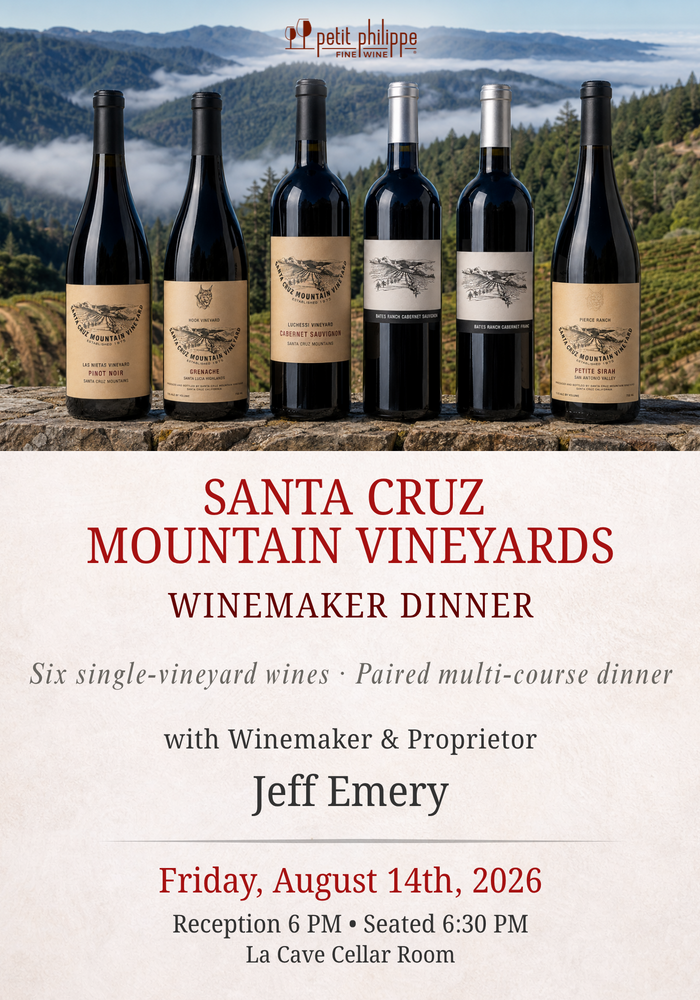 Santa Cruz Mountain Vineyard Winemaker Dinner w/Jeff Emery TICKET - Friday, August 14th, 2026 @ 6 PM
