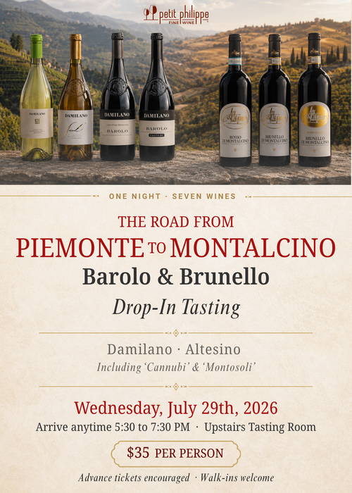 "Road from Piemonte to Montalcino" | Barolo and Brunello Drop-In Tasting | Wednesday, July 29 | 5:30-7:30 PM