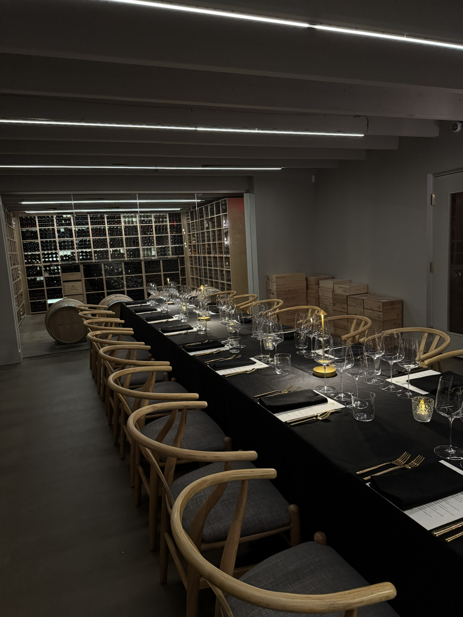 Long table dinner setup in La Cave at Petit Philippe