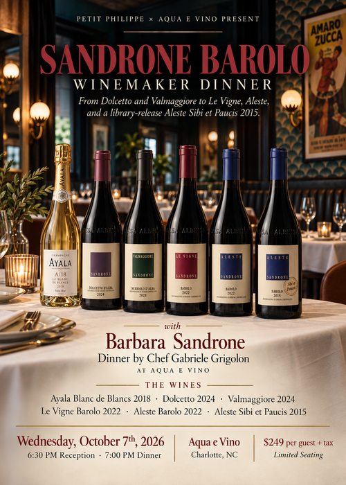 Sandrone Barolo Winemaker Dinner TICKET - Wed Oct. 7th, 2026 (6:30pm reception, 7pm dinner)