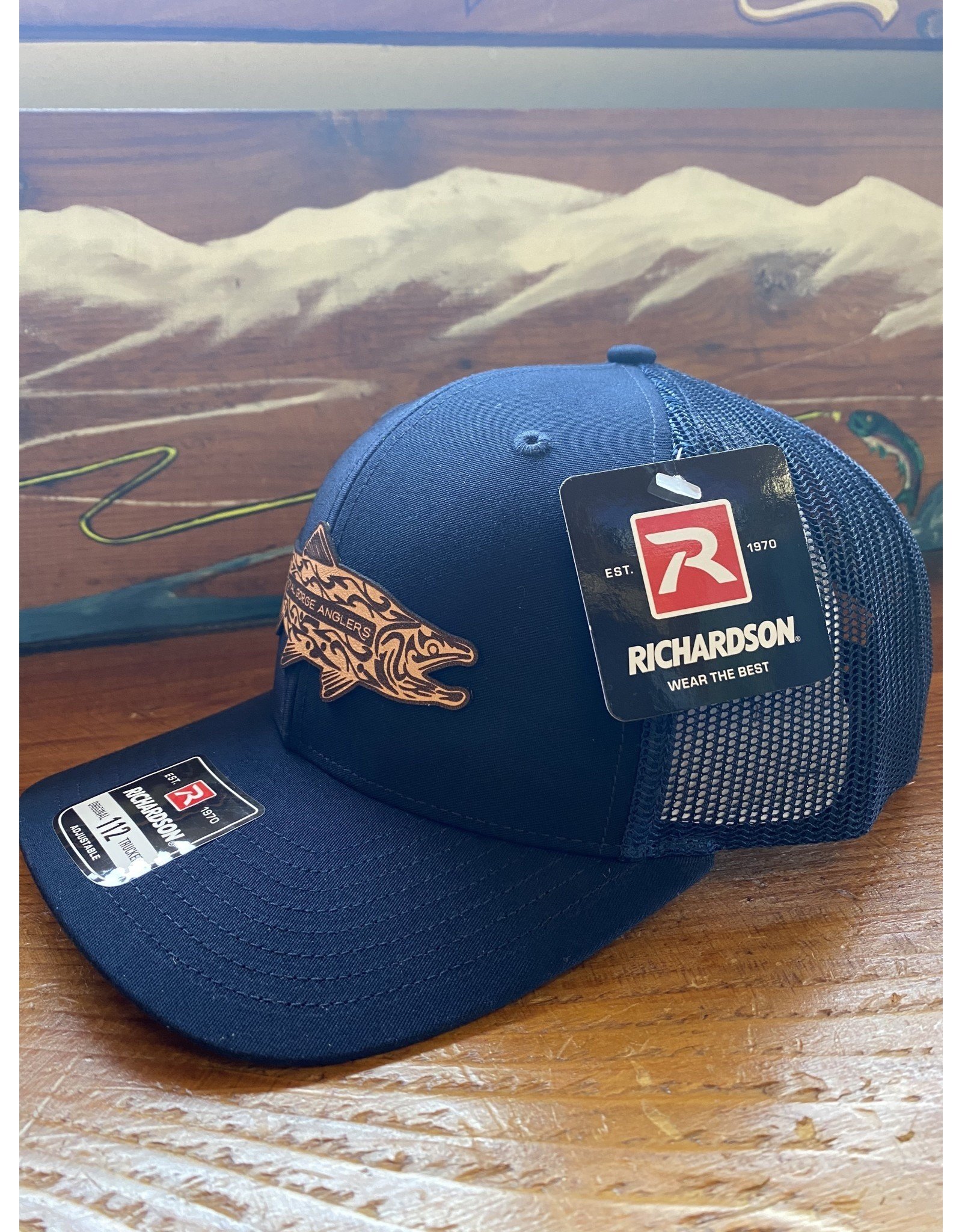 Richardson RGA Tribal Trout Leather PatchTrucker Hat (Solid Navy)