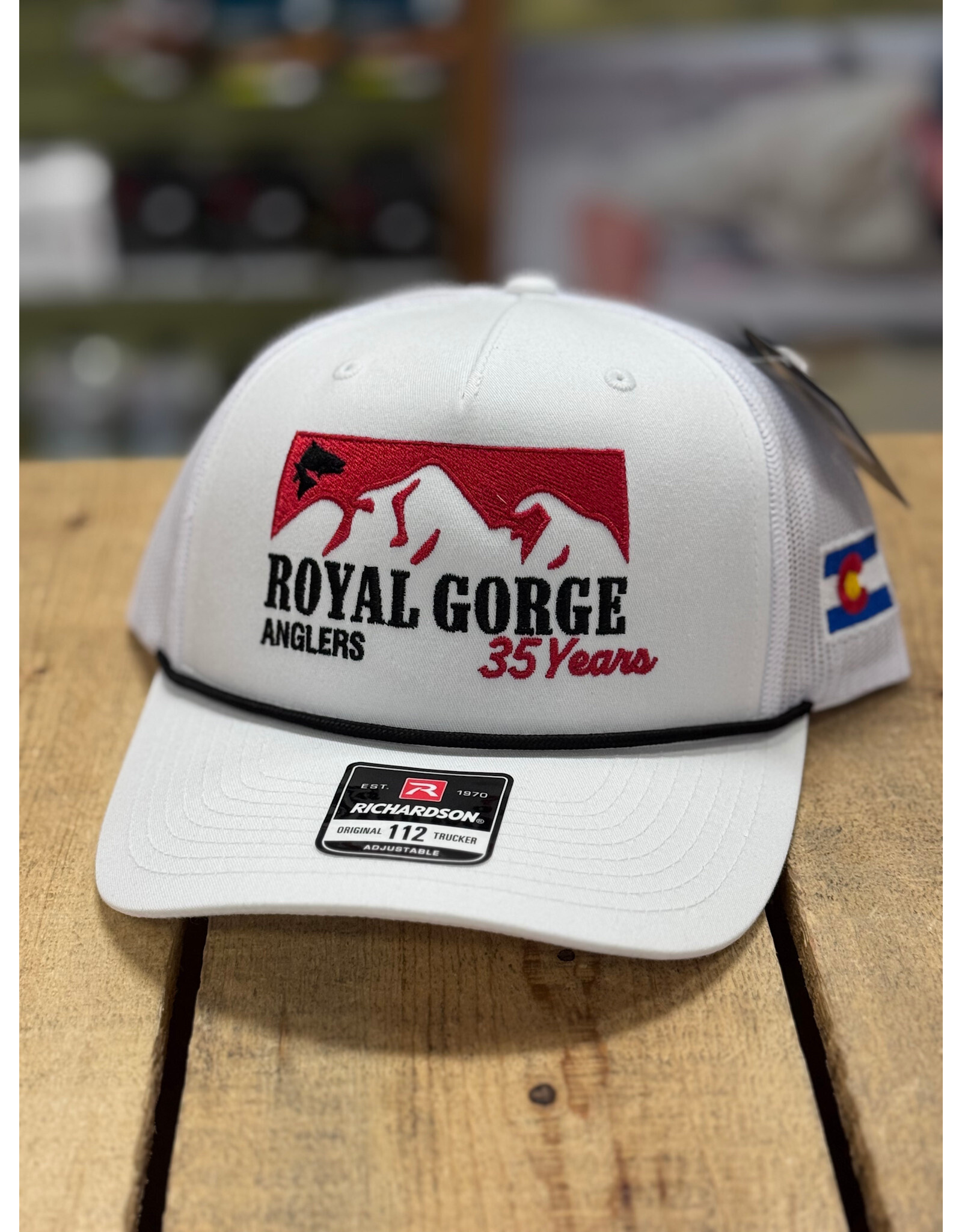Royal Gorge Anglers RGA 35th Anniversary Trucker Hat (White on White/ Black Rope)