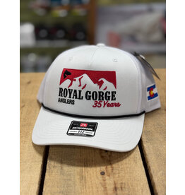 Royal Gorge Anglers RGA 35th Anniversary Trucker Hat (White on White/ Black Rope)