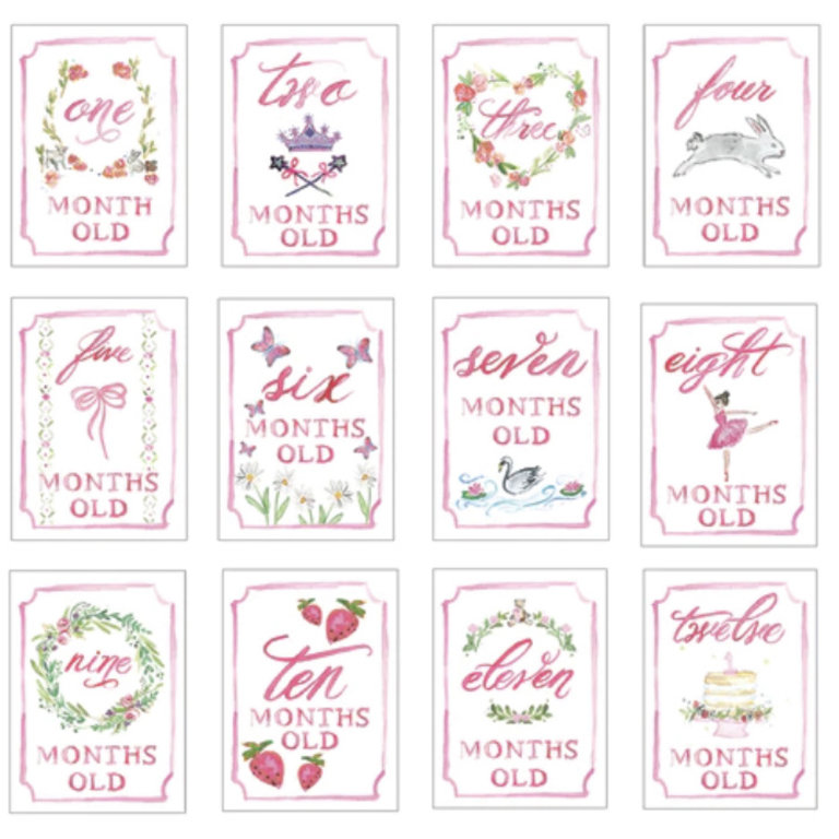 Over The Moon Gift Pink Month By Month Watercolor Baby Cards