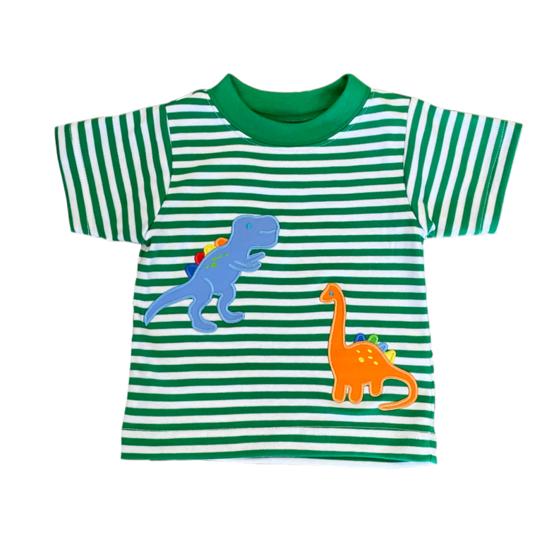 Claire and Charlie Green Stripe Dino Tee